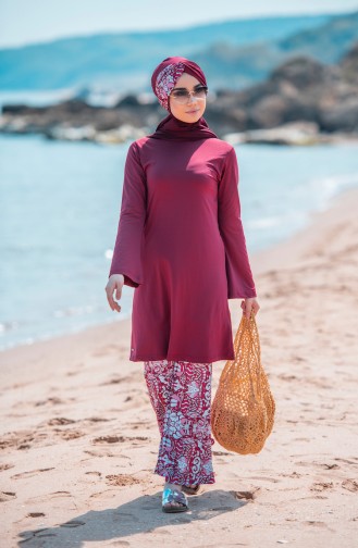 Printed Hijab Swimsuit 344-03 Claret Red 344-03