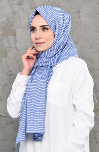 Çizgi Desenli Cotton Şal 4314-05 Kot Mavi Beyaz