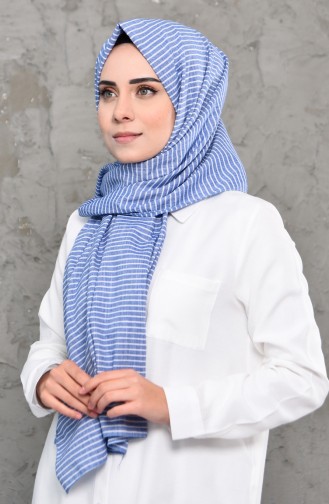 Çizgi Desenli Cotton Şal 4314-05 Kot Mavi Beyaz