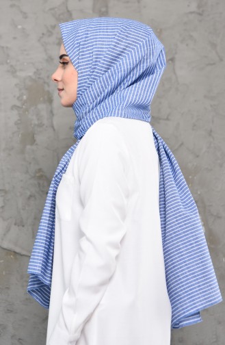 Çizgi Desenli Cotton Şal 4314-05 Kot Mavi Beyaz