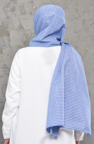 Çizgi Desenli Cotton Şal 4314-05 Kot Mavi Beyaz