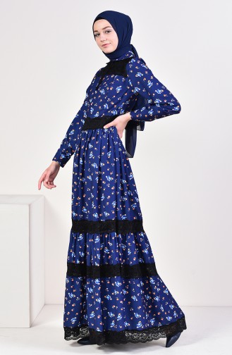 Flower Patterned Dress 28304-03 Navy Blue 28304-03