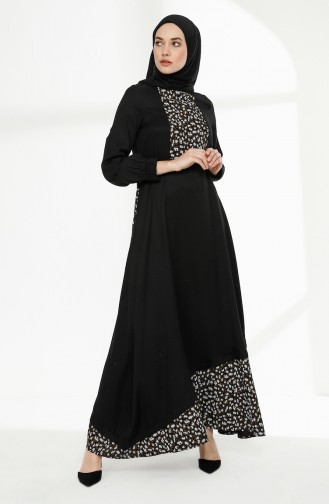 Shirred Waist Leopard Garnish Dress 3083-01 Siyah 3083-01