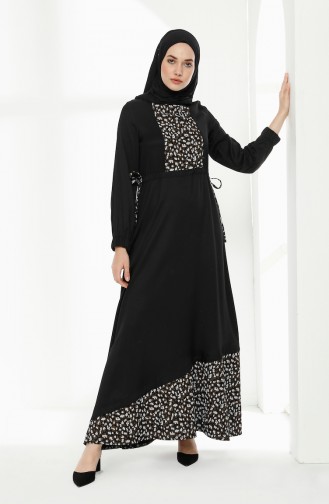 فستان مُرقط بتصميم مزموم عند الخصر 3083-01 لون أسود 3083-01
