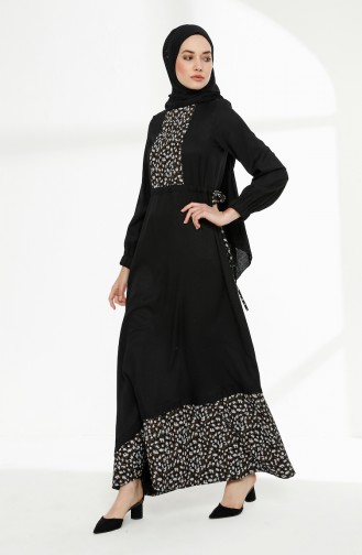 Shirred Waist Leopard Garnish Dress 3083-01 Siyah 3083-01