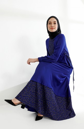 فستان مُرقط بتصميم مزموم عند الخصر 3083-03 لون أزرق 3083-03