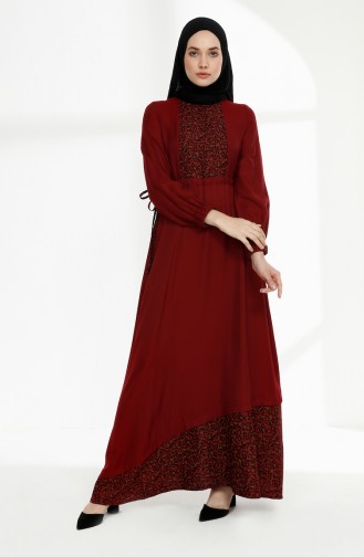 Beli Büzgülü Leopar Garnili Elbise 3083-05 Bordo