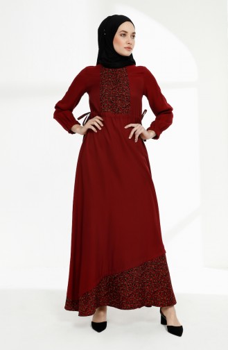 فستان مُرقط بتصميم مزموم عند الخصر 3083-05 لون خمري 3083-05