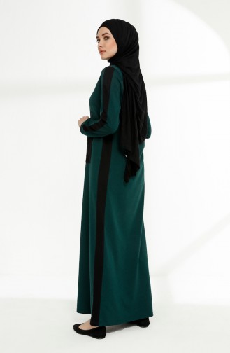Cepli İki İplik Elbise 3095-05 Zümrüt Yeşili Siyah