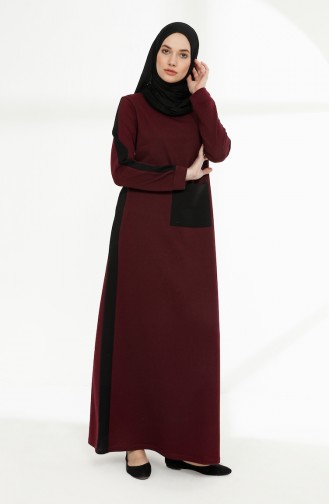 Cep Detaylı İki İplik Elbise 3086-07 Mürdüm Siyah