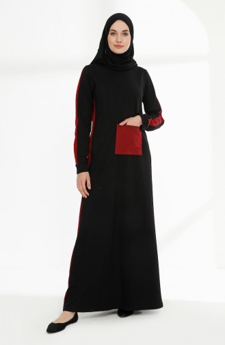 Cep Detaylı İki İplik Elbise 3086-10 Siyah Bordo 3086-10