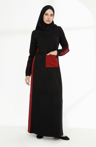 Cep Detaylı İki İplik Elbise 3086-10 Siyah Bordo 3086-10