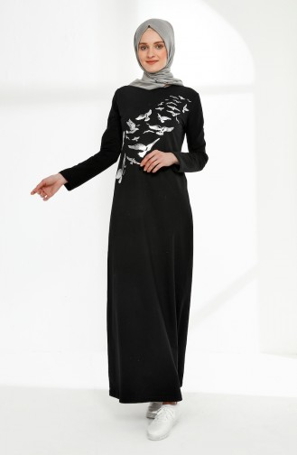 Baskılı İki İplik Elbise 5010-01 Siyah
