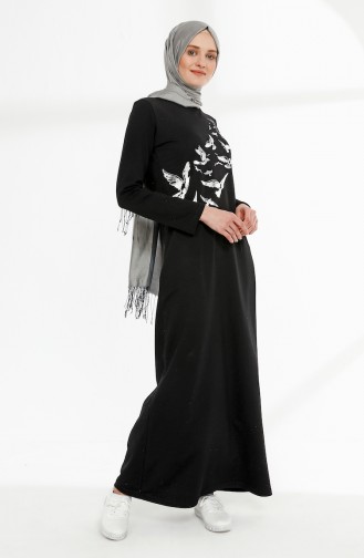 فستان محاك بخيطين بتصميم مطبع5010-01لون اسود 5010-01