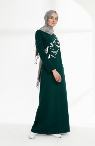 Baskılı İki İplik Elbise 5010-07 Zümrüt Yeşili