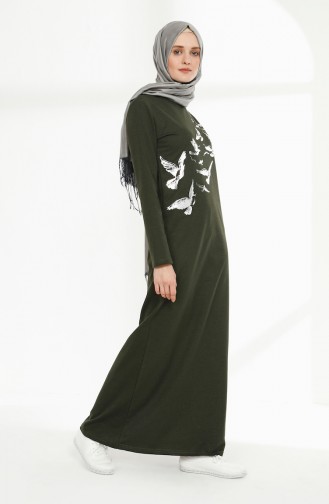 فستان بتصميم مطبع 5010-13 لون اخضر كاكي 5010-13