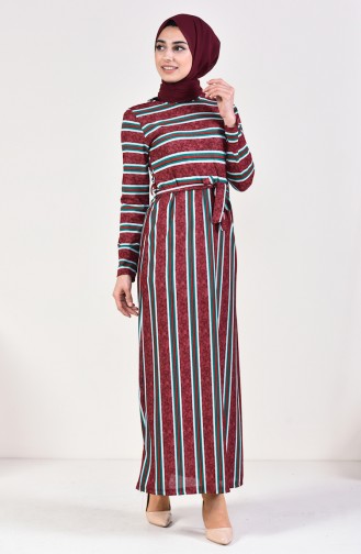 Striped Belted Dress 4193-01 Claret Red 4193-01
