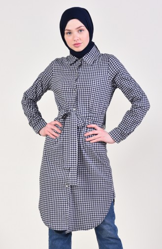 Houndstooth Patterned Belted Tunic 1394-01 Navy Blue   1394-01