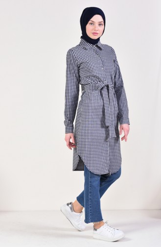 Houndstooth Patterned Belted Tunic 1394-01 Navy Blue   1394-01