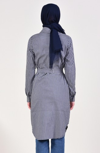 Houndstooth Patterned Belted Tunic 1394-01 Navy Blue   1394-01