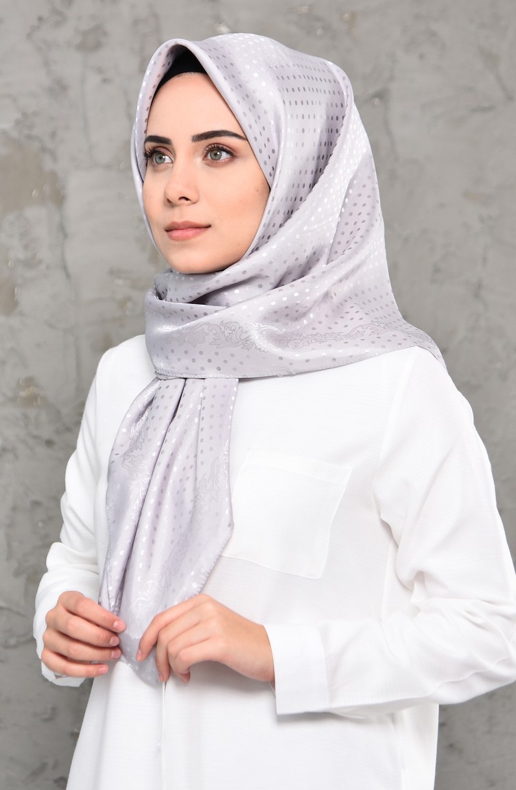 Düz Jakarlı Saten Eşarp 70124-15 Gri 70124-15