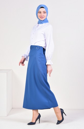 Belt Detailed Pencil Skirt  0412-04 Indigo 0412-04