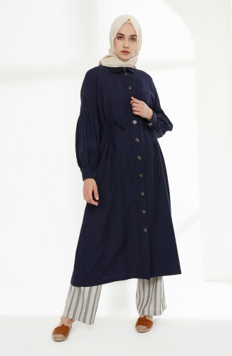 Arm Detailed Shirred Coat 9035-14 Navy Blue 9035-14