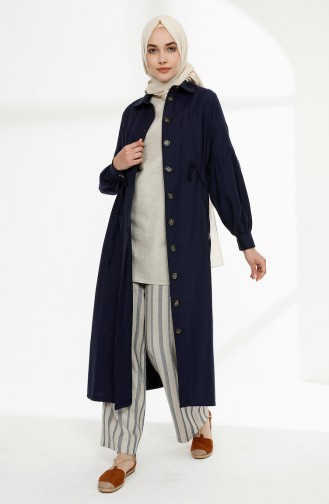 Arm Detailed Shirred Coat 9035-14 Navy Blue 9035-14