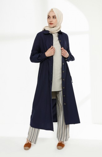 Arm Detailed Shirred Coat 9035-14 Navy Blue 9035-14