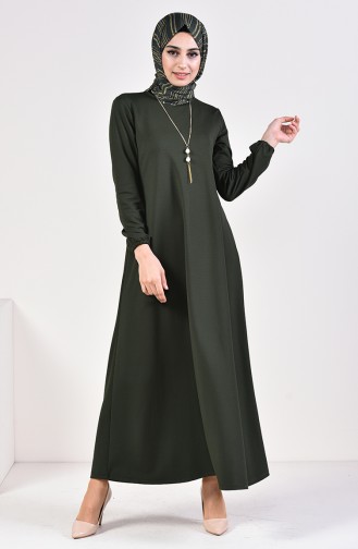 Kolyeli Basic Elbise 5256-03 Haki Yeşil