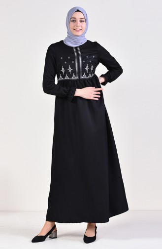Nakışlı Elbise 1014-02 Siyah