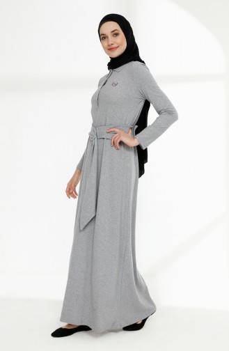 Polo Yaka Kuşaklı Örme Elbise 5014-03 Gri