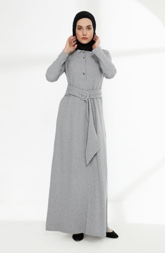 Polo Yaka Kuşaklı Örme Elbise 5014-03 Gri