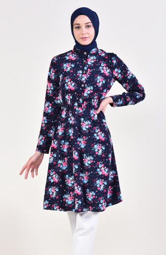 Flower Patterned Tunic 2068-01 Navy Blue 2068-01