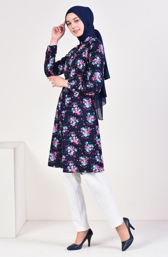 Flower Patterned Tunic 2068-01 Navy Blue 2068-01