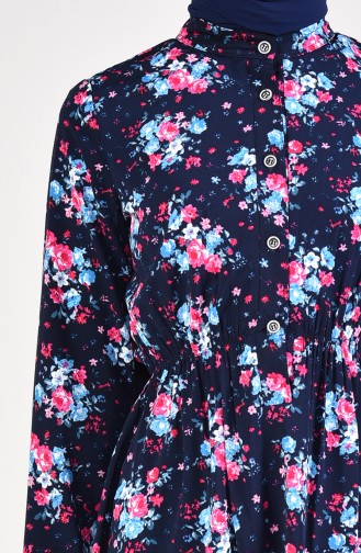 Flower Patterned Tunic 2068-01 Navy Blue 2068-01