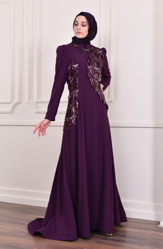 Sequin Detailed Evening Dress 7046-02 Purple 7046-02