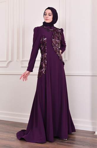 Robe de Soirée Détail Paillettes 7046-02 Pourpre 7046-02