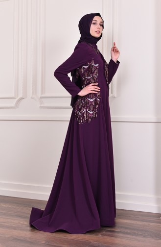 Robe de Soirée Détail Paillettes 7046-02 Pourpre 7046-02