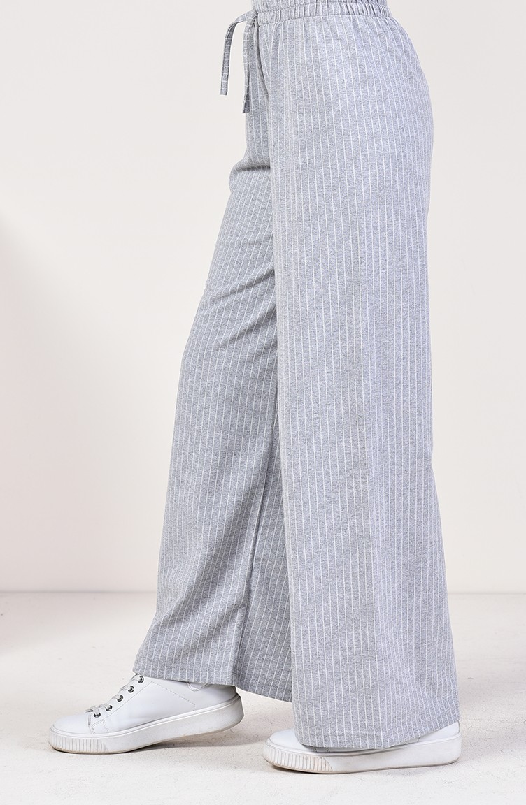 Çizgili Bol Paça Pantolon 8107-03 Açık Gri