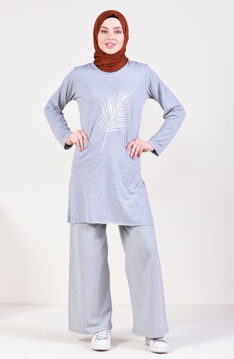 Çizgili Bol Paça Pantolon 8107-03 Açık Gri