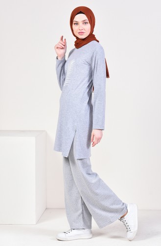 Çizgili Bol Paça Pantolon 8107-03 Açık Gri