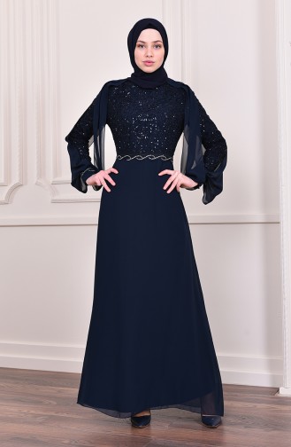 Navy Blue Hijab Evening Dress 52736-07