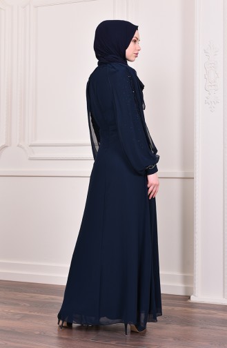 Navy Blue Hijab Evening Dress 52736-07