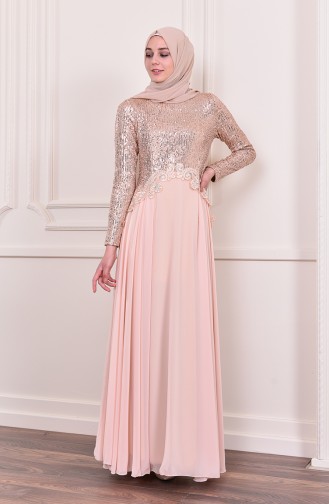 Sequin Detailed Evening Dress 52745-02 Salmon 52745-02