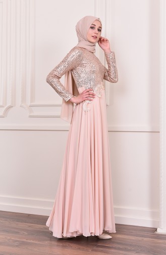 Sequin Detailed Evening Dress 52745-02 Salmon 52745-02