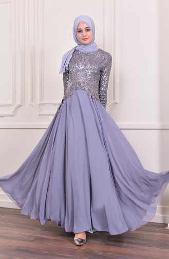 Sequin Detailed Evening Dress 52745-03 Gray 52745-03