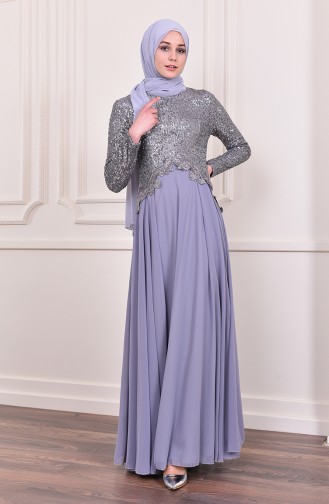 Sequin Detailed Evening Dress 52745-03 Gray 52745-03