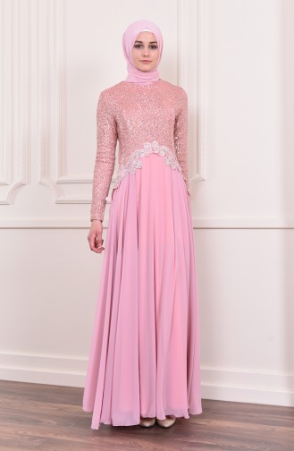 Sequin Detailed Evening Dress 52745-04 Powder 52745-04