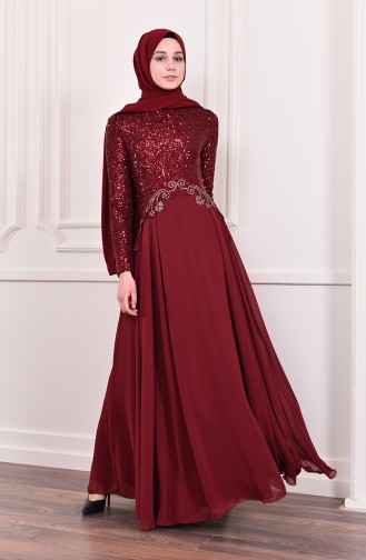 Sequin Detailed Evening Dress   52745-05 Claret Red 52745-05